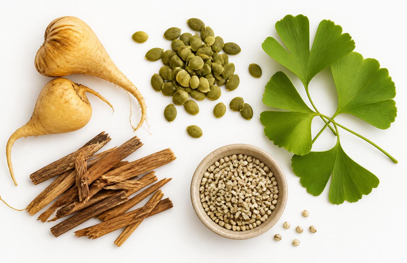 Natural botanical ingredients on a white background